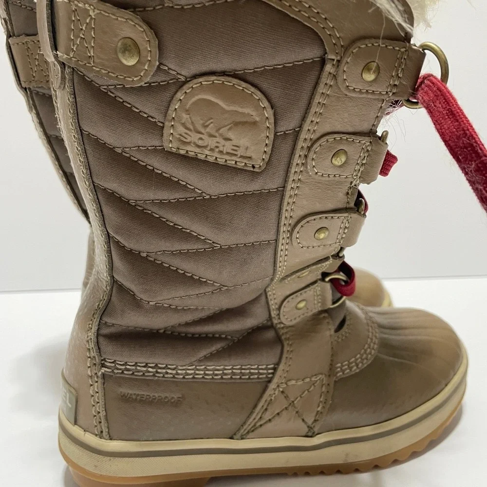 Sorel Tofino II Waterproof Winter Boots Tan Brown Red Laces Faux Fur Sz 1